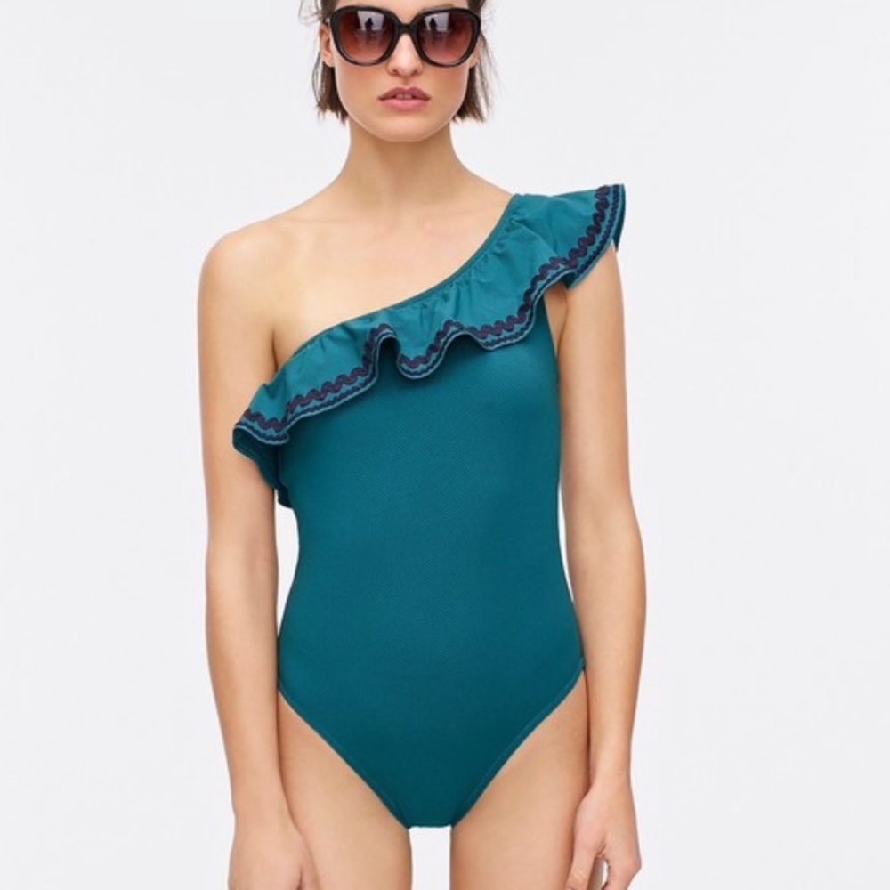 NWT J.Crew One-Shoulder Teal Ruffled Swimsuit with Rickrack Trim